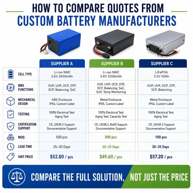 Custom battery pack cost evaluation showing prototypes, tooling, engineering, BMS development, quality control, warranty, and delivery factors.